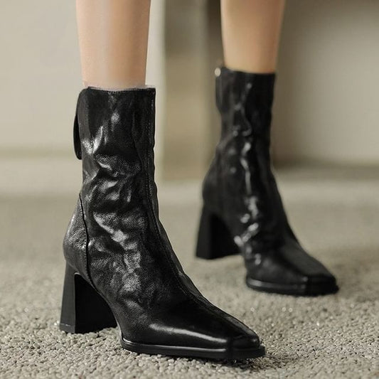 Short Zip Toe Heel Block Square Boots