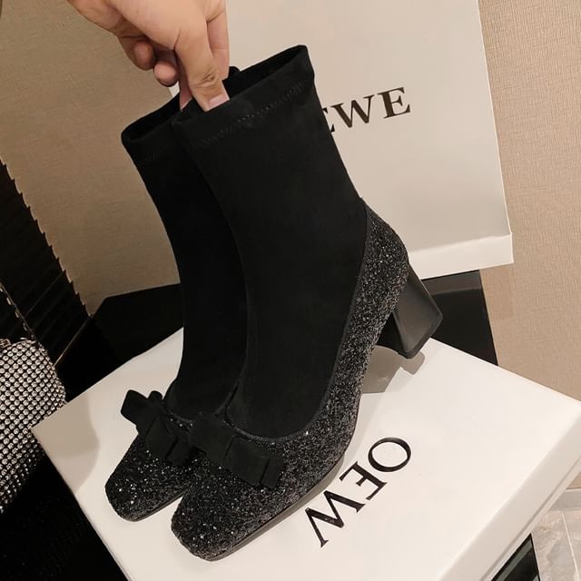 Boots Short Block Square Sock Bow Toe Heel Glitter