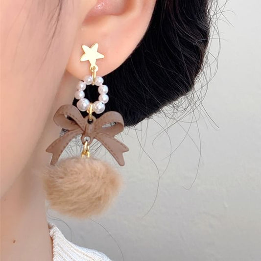 Clip-On Drop Earring Bow / Pearl Faux Pom