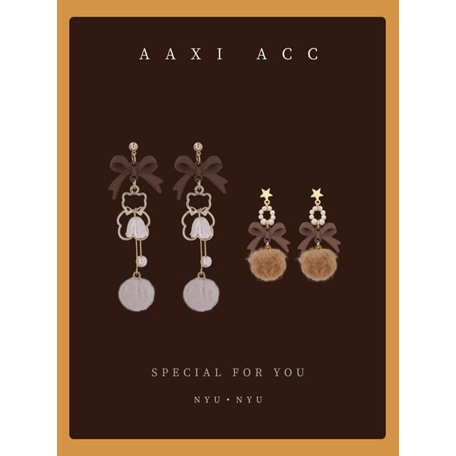 Clip-On Drop Earring Bow / Pearl Faux Pom