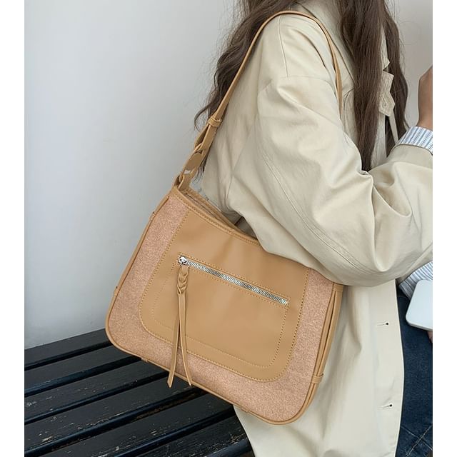 Faux Shoulder Zip Leather Panel Bag