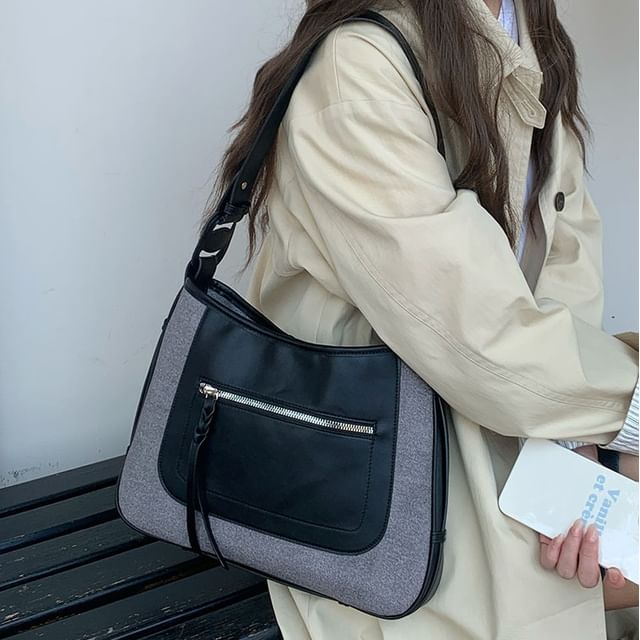 Faux Shoulder Zip Leather Panel Bag