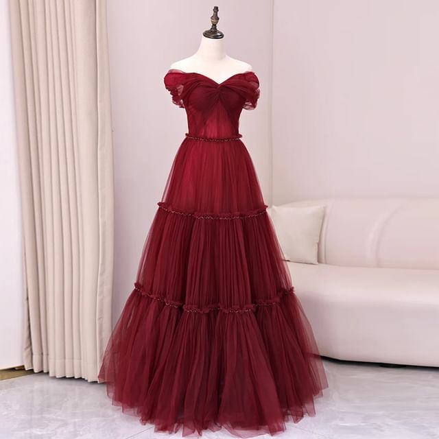 Off-Shoulder Mesh Evening Plain Gown A-Line Knot