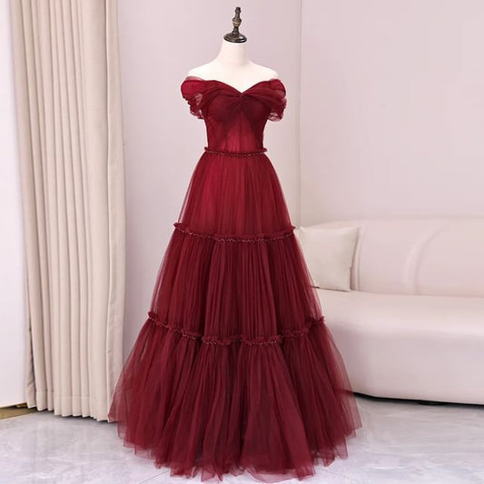 Off-Shoulder Mesh Evening Plain Gown A-Line Knot
