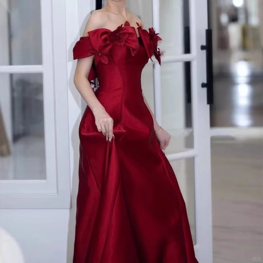Accent Gown Bow A-Line Off-Shoulder Flower Evening Plain