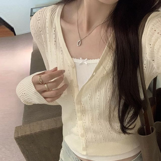 Button-Up Plain V-Neck Cardigan