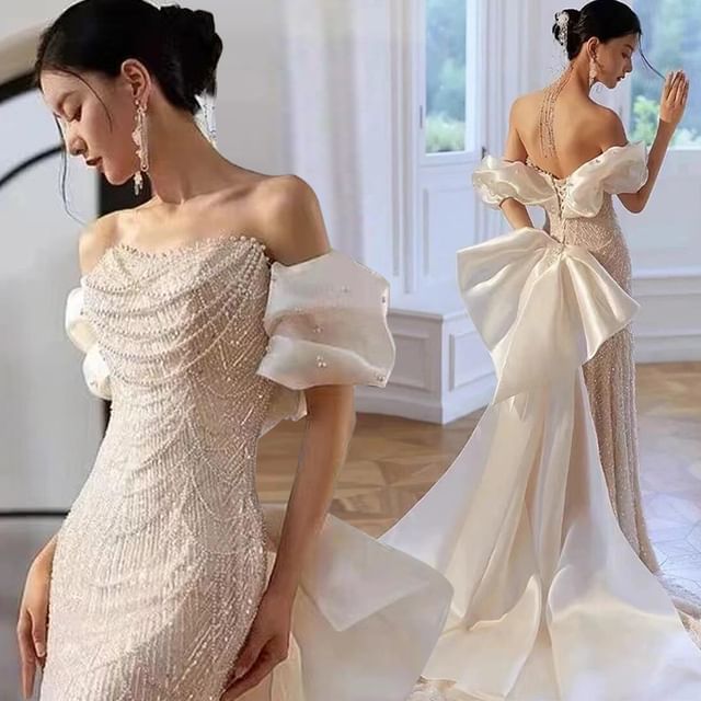 Bowknot Off Gown Pearl Shoulder Evening Faux Sheath