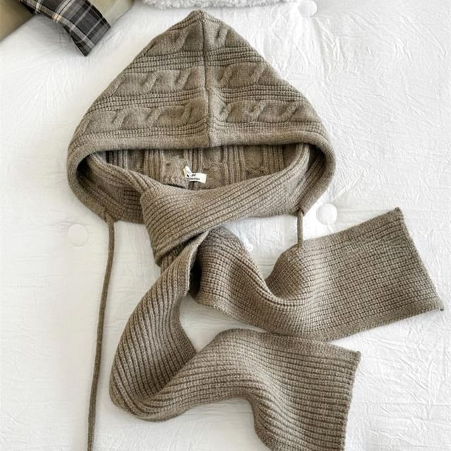 Hooded Knit Plain Cable Scarf