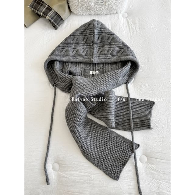Hooded Knit Plain Cable Scarf