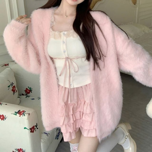 Mini Lace Ruffle Cami Plain Top High A-Line Open Fluffy Trim Skirt / Front Cardigan Waist