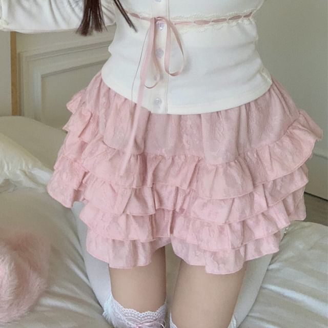 Mini Lace Ruffle Cami Plain Top High A-Line Open Fluffy Trim Skirt / Front Cardigan Waist