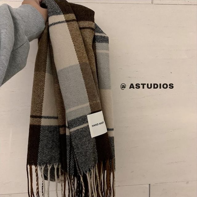 Knit Plain Button Snood / Plaid Ribbed Scarf