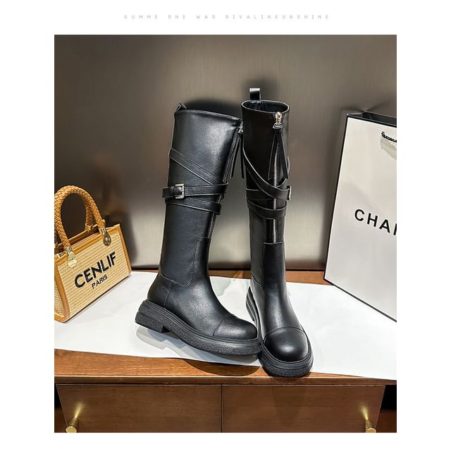 Tall Buckled Zip-Up Leather Plain Platform Faux Boots
