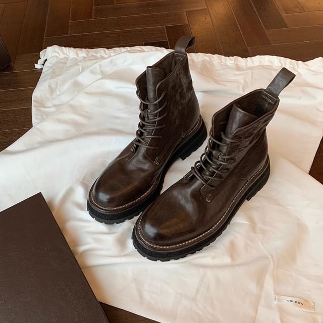 Platform Short Leather Genuine Boots Lace-Up Plain