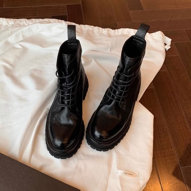 Platform Short Leather Genuine Boots Lace-Up Plain