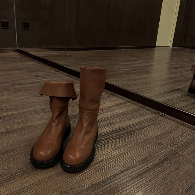 Plain Boots Mid-Calf Genuine Platform Leather