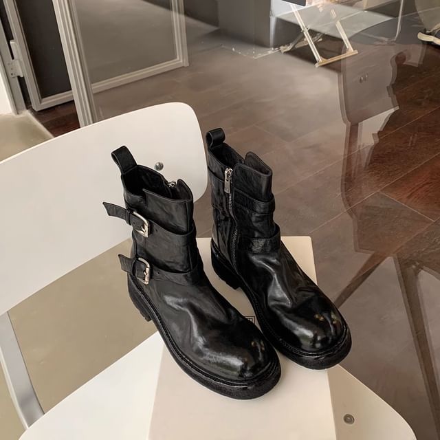 Platform Short Buckled Leather Genuine Boots Plain