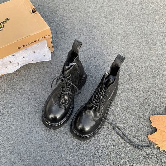 Lace-Up Platform Genuine Plain Short Boots Leather