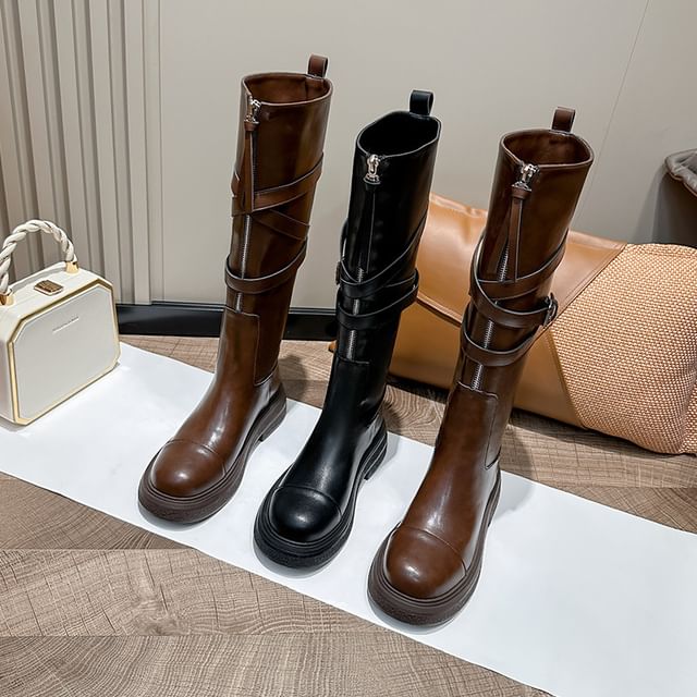 Tall Buckled Zip-Up Leather Plain Platform Faux Boots