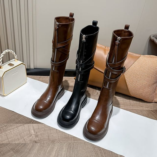 Tall Buckled Zip-Up Leather Plain Platform Faux Boots