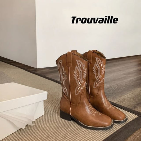 Mid-Calf Heel Faux Chunky Leather Cowboy Boots Embroidered
