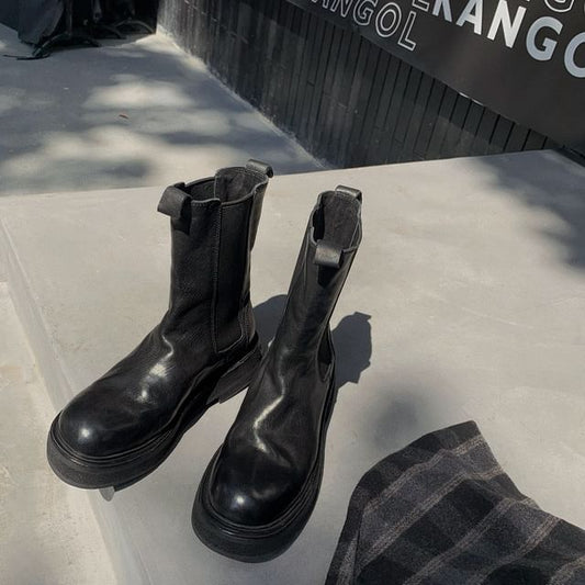 Platform Short Plain Boots Genuine Leather Chelsea