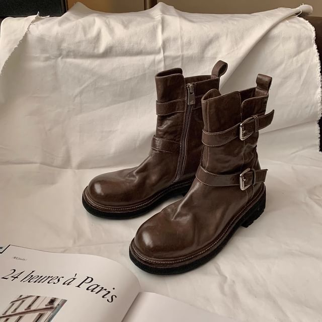 Platform Short Buckled Leather Genuine Boots Plain