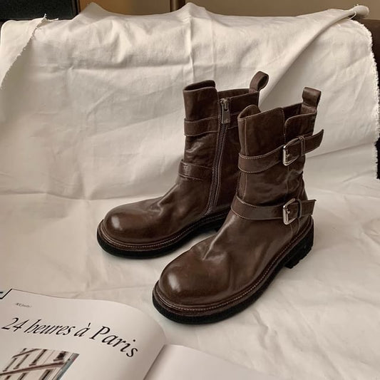 Platform Short Buckled Leather Genuine Boots Plain