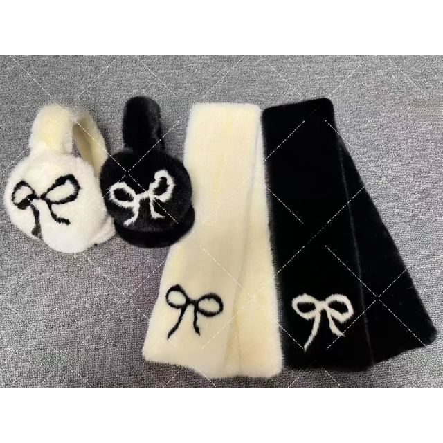 Floral Fluffy Bow Muffs Ear Scarf Print / Set