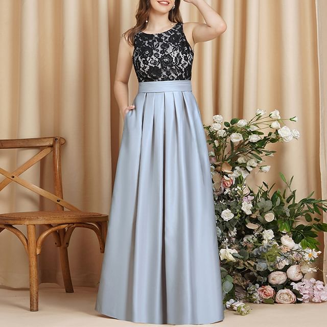 Sleeveless A-Line Back Neck Evening Crew Gown Lace Panel Open Pleated