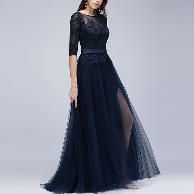 Floral Neck 3/4-Sleeve Embroidered Gown Mesh Open Back Evening A-Line Boat