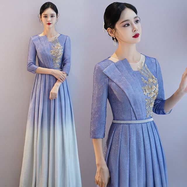 A-Line Pleated Sequin Evening Gown Crew Gradient Neck 3/4-Sleeve