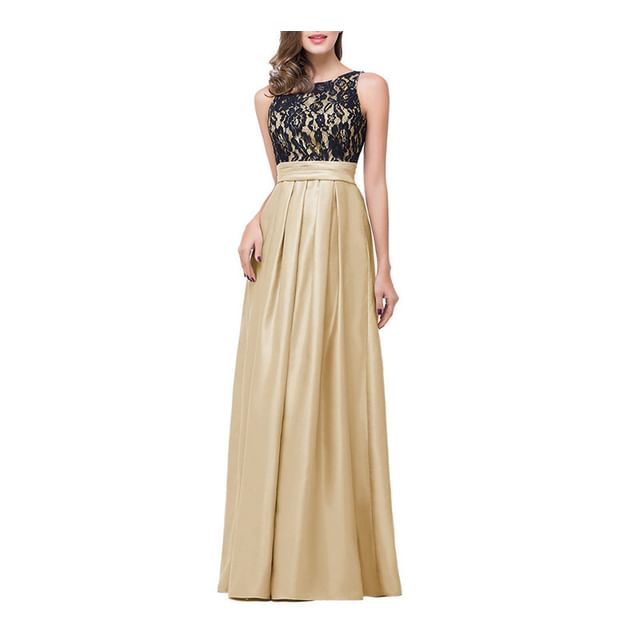 Sleeveless A-Line Back Neck Evening Crew Gown Lace Panel Open Pleated