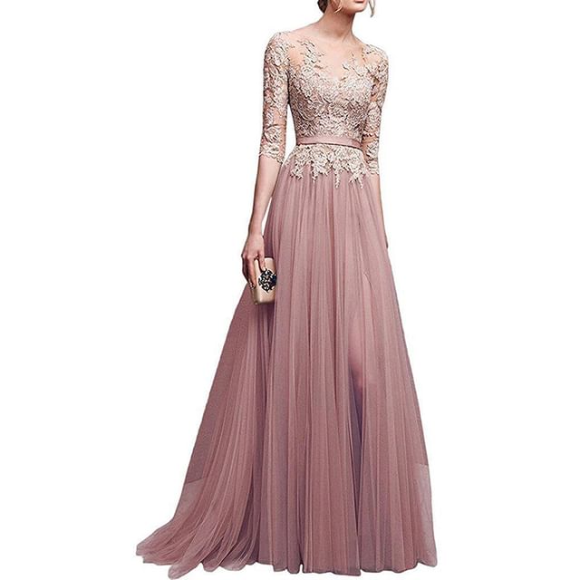 Floral Neck 3/4-Sleeve Embroidered Gown Mesh Open Back Evening A-Line Boat