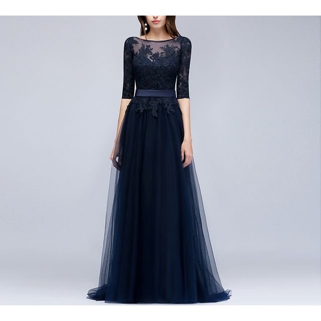 Floral Neck 3/4-Sleeve Embroidered Gown Mesh Open Back Evening A-Line Boat