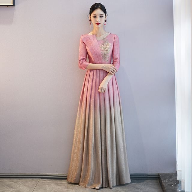 A-Line Pleated Sequin Evening Gown Crew Gradient Neck 3/4-Sleeve