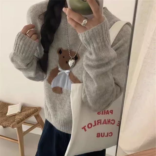 Embroidery Bear Crewneck Sweater