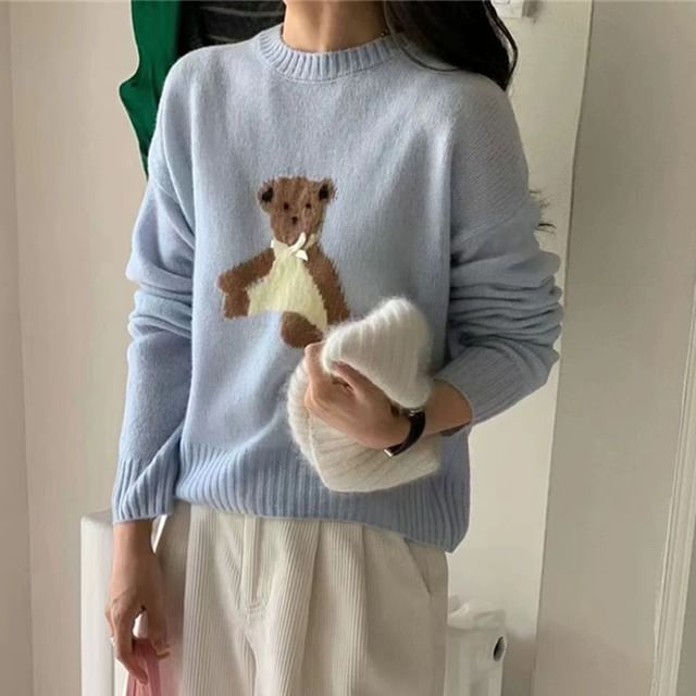 Embroidery Bear Crewneck Sweater