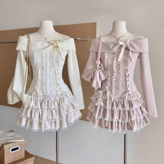 Long Off Plain A-Line Skirt Sleeve Up Bow Tiered Ruffle Top High Lace Waist Mini Shoulder Set: +