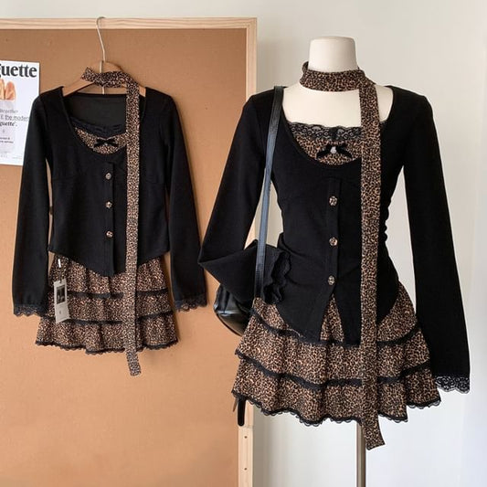 Tiered Top High Long-Sleeve Plain Print V-Neck Set: Skirt + Waist Mini Leopard Button-Up