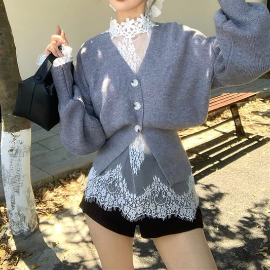 V-Neck / High Shorts Lace Neck Waist Cardigan Top Long-Sleeve Button-Up