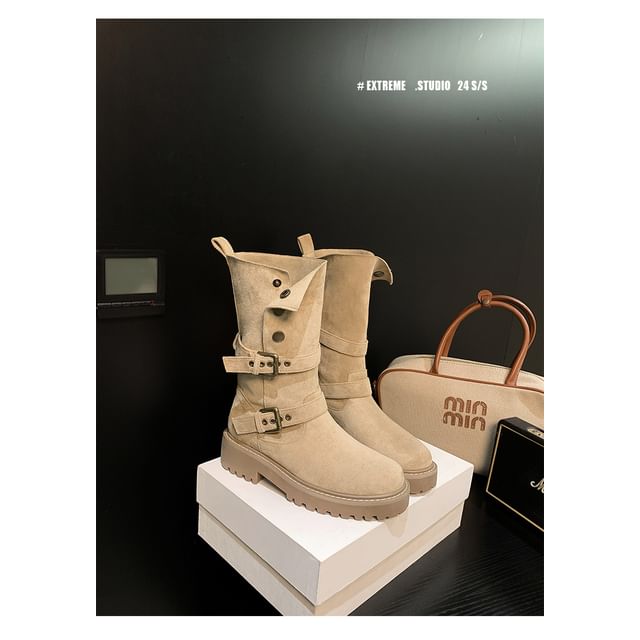 Mid Calf Button Platform Boots Buckled