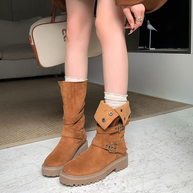 Mid Calf Button Platform Boots Buckled