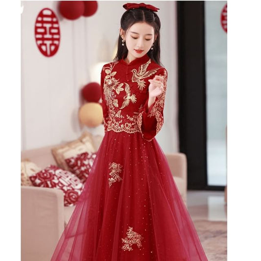Wedding Dress Embroidered Sleeve Cheongsam Long