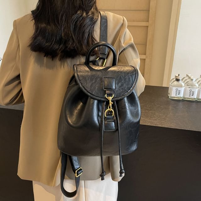 Leather Plain Flap Backpack Faux