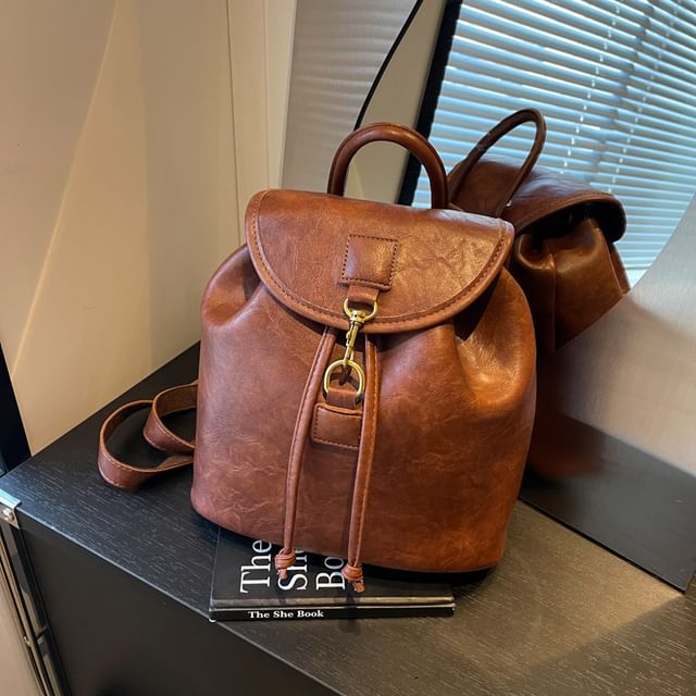 Leather Plain Flap Backpack Faux