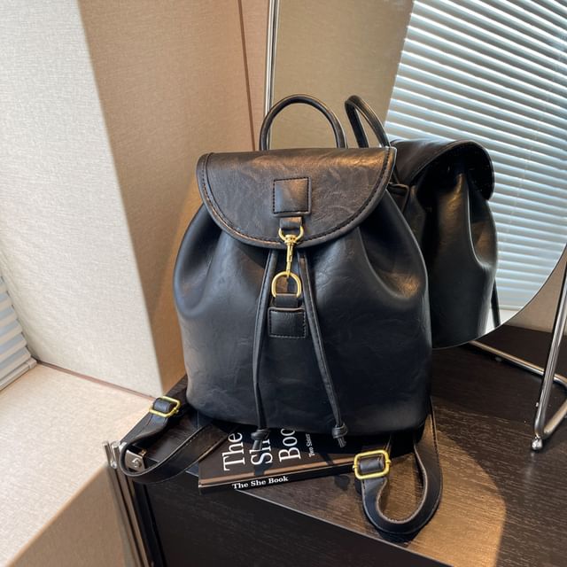 Leather Plain Flap Backpack Faux