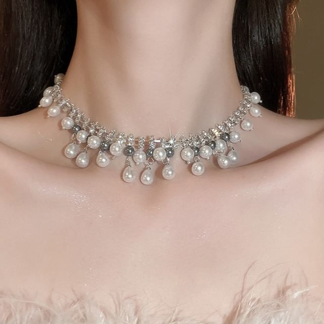 Fringed Faux Necklace Pearl Rhinestone