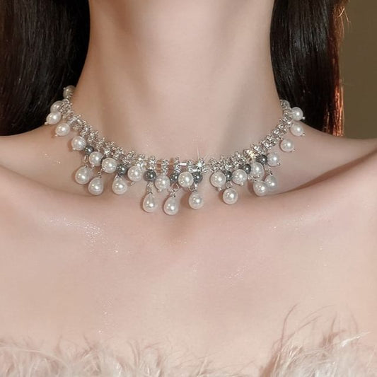 Fringed Faux Necklace Pearl Rhinestone