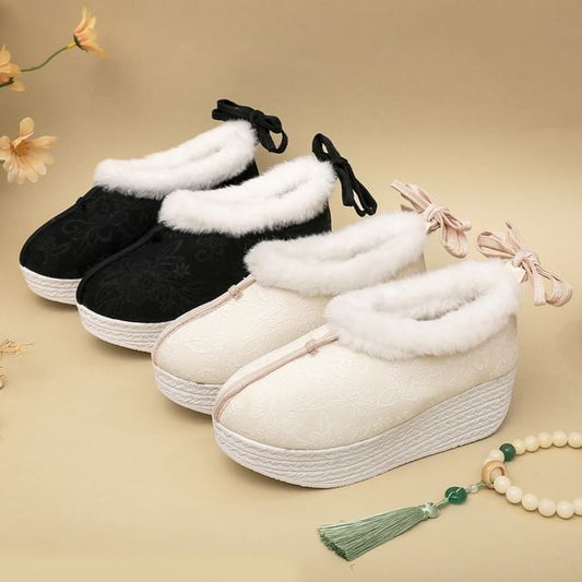 Wedge Fleece-Lined Bow Pumps Platform Heel